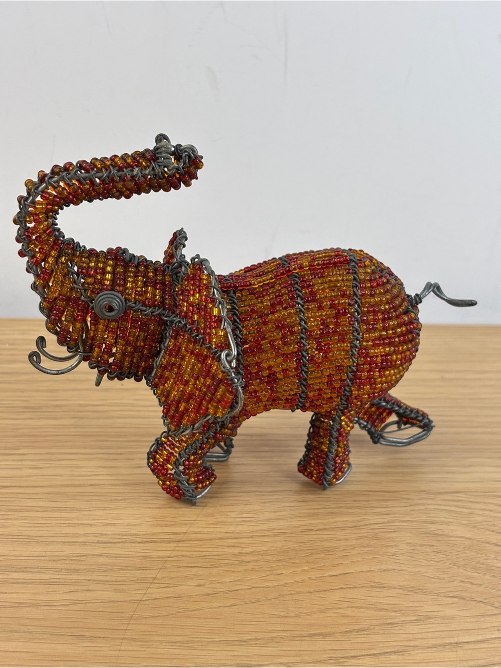 Vintage Handcrafted Beaded‎ Elephant Figurine in Red/Gold - Decorative Home Art